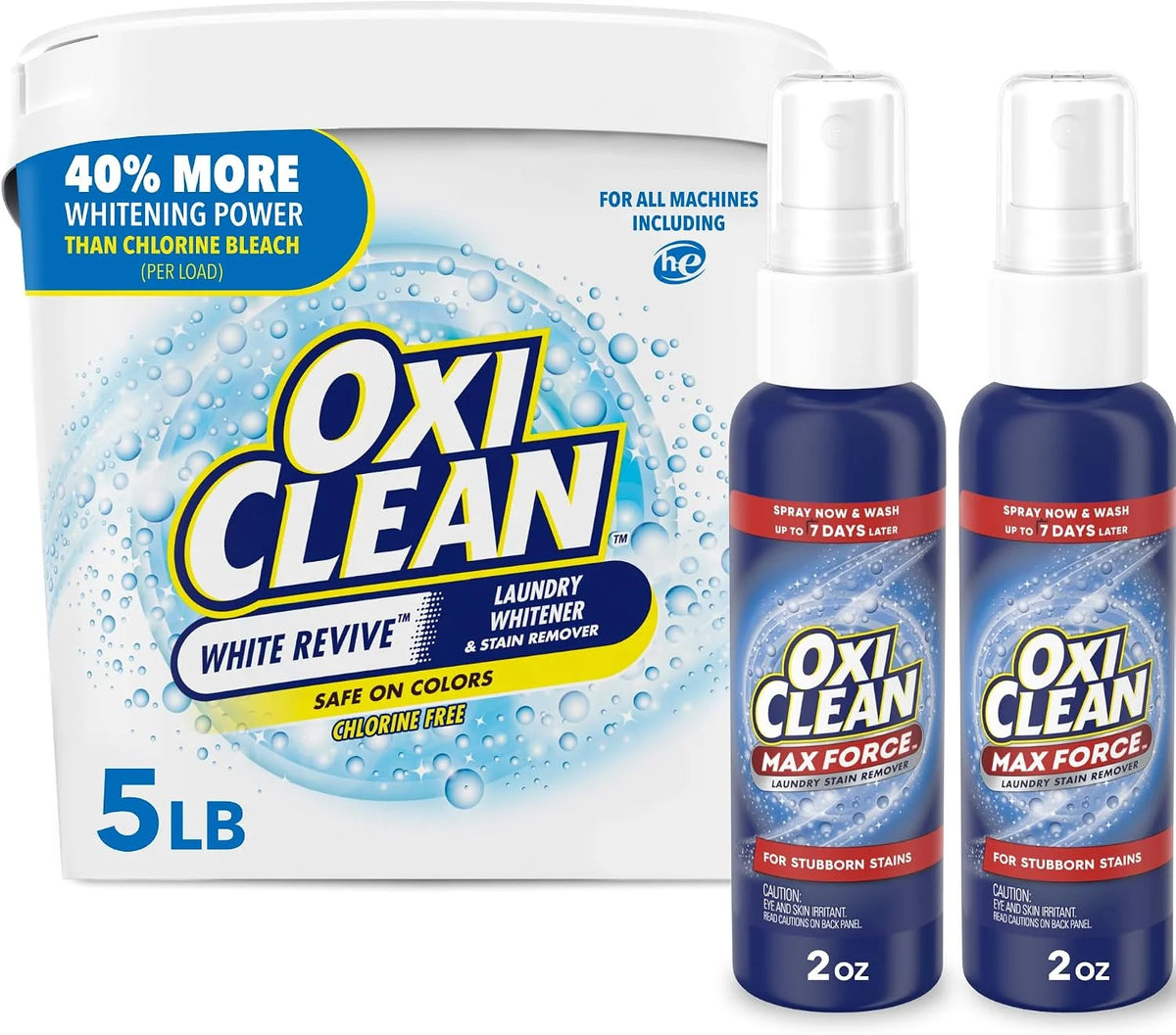 Bundle of OxiClean Max Force Laundry Stain Remover Spray, 2 fl oz, 2PK + OxiClean White Revive Laundry Whitener and Stain Remover Powder, 5 lb