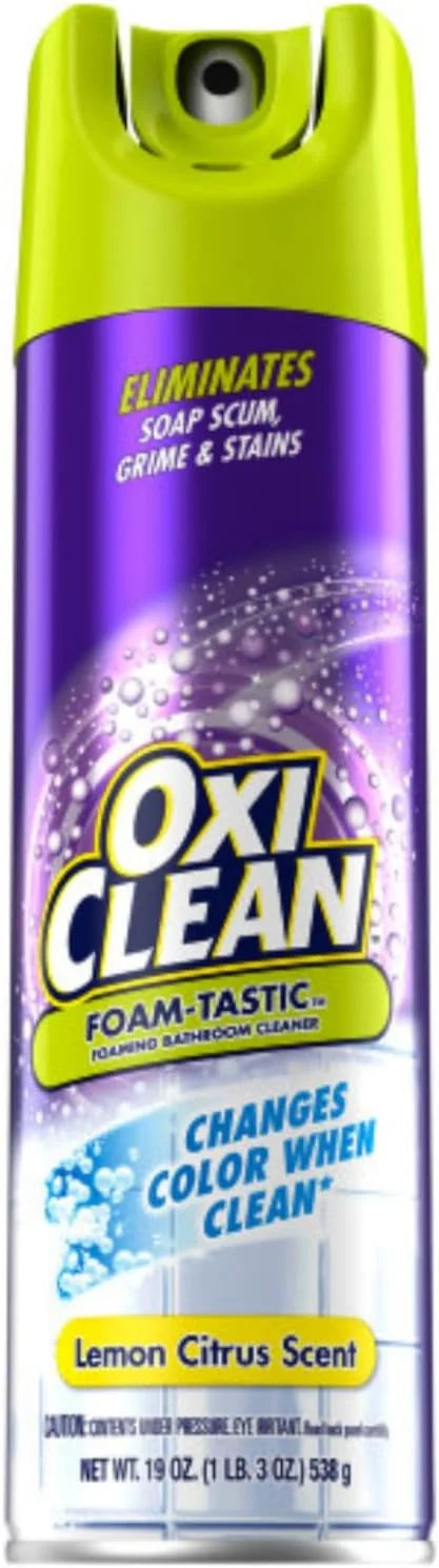 OxiClean Foam-Tastic Foaming Bathroom Cleaner Aerosol Spray, Changes Color When Clean, Eliminates Soap Scum, Grime & Stains, Lemon Citrus Scent, 19 oz (Pack of 4)