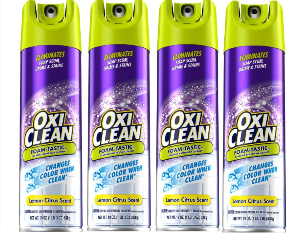 OxiClean Foam-Tastic Foaming Bathroom Cleaner Aerosol Spray, Changes Color When Clean, Eliminates Soap Scum, Grime & Stains, Lemon Citrus Scent, 19 oz (Pack of 4)