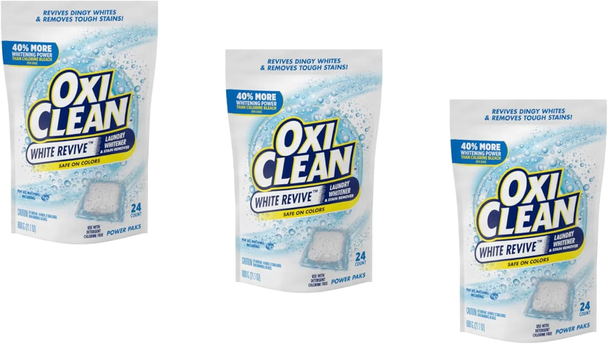 OxiClean White Revive Laundry Whitener & Stain Remover, Safe on Colors, Power Pack, Use with Detergent, Chlorine Free, 24 Pods (Pack of 3)