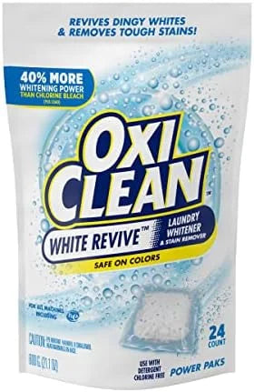 OxiClean White Revive Laundry Whitener & Stain Remover, Safe on Colors, Power Pack, Use with Detergent, Chlorine Free, 24 Pods (Pack of 3)
