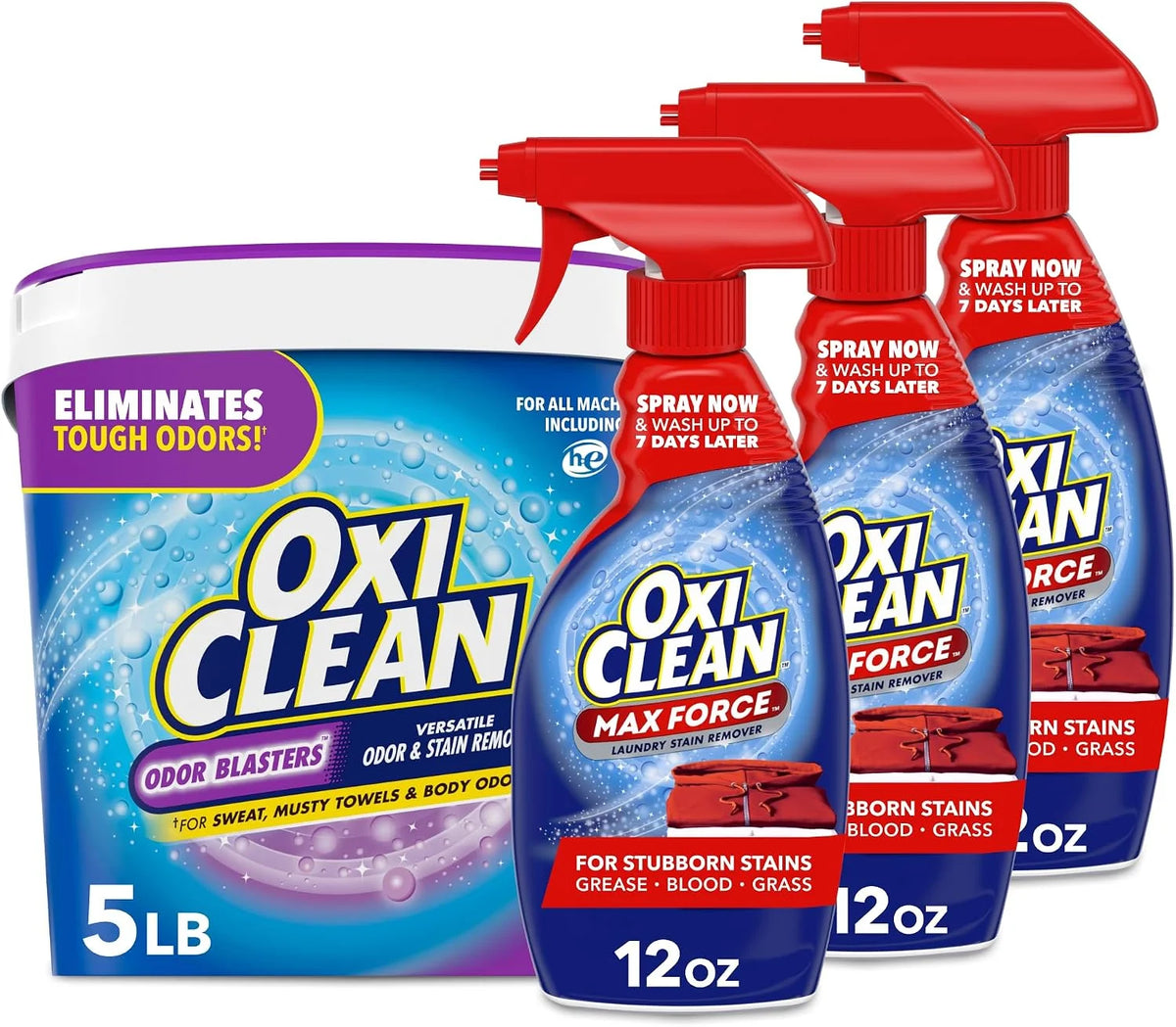 Bundle of OxiClean Odor Blasters Odor & Stain Remover Powder, Laundry Odor Eliminator, 5 Lbs + Oxi Clean Max Force Laundry Stain Remover Spray, 12 Fl. Oz, 3-Pack